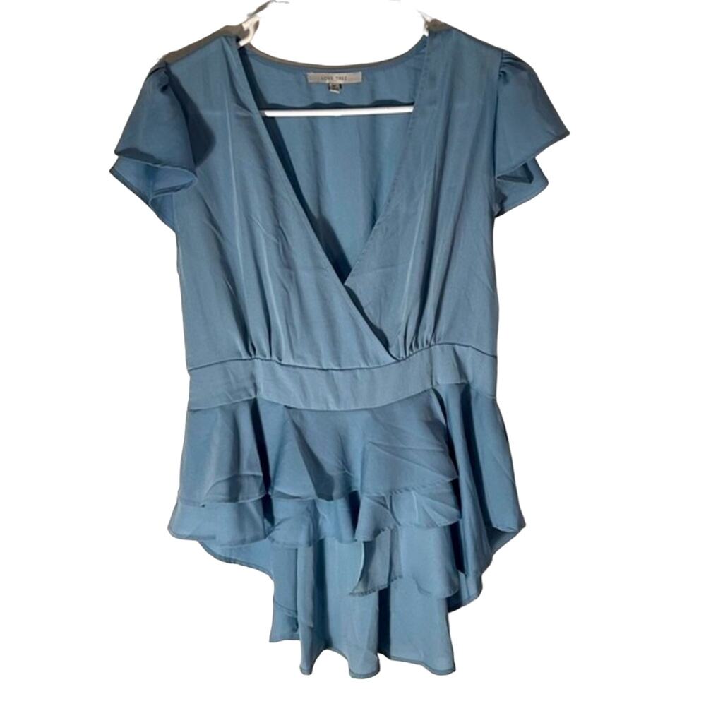 NWOT Love Tree blue blouse draped ruffle size Medium twee girly classic business